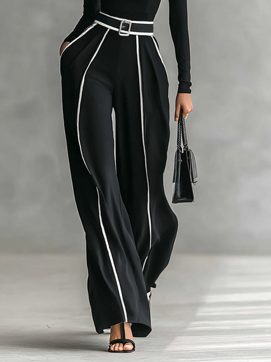 Two-Piece Set for Women with High Neck, Long Sleeves, Wide Pants, and Belt