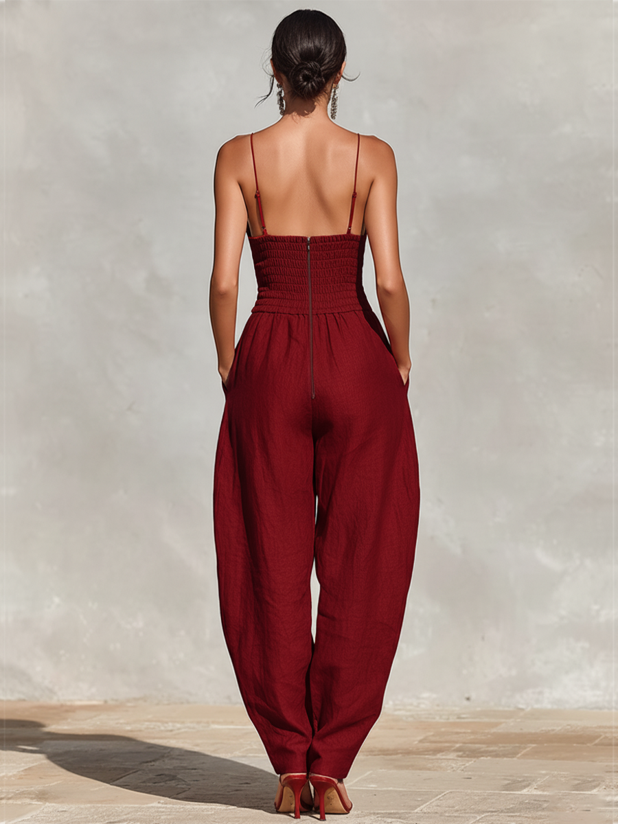 Red Linen Jumpsuit for Women with Spaghetti Straps and High-Waisted Shorts, Timeless Romantic-Elegant Style MDZ1915C8I