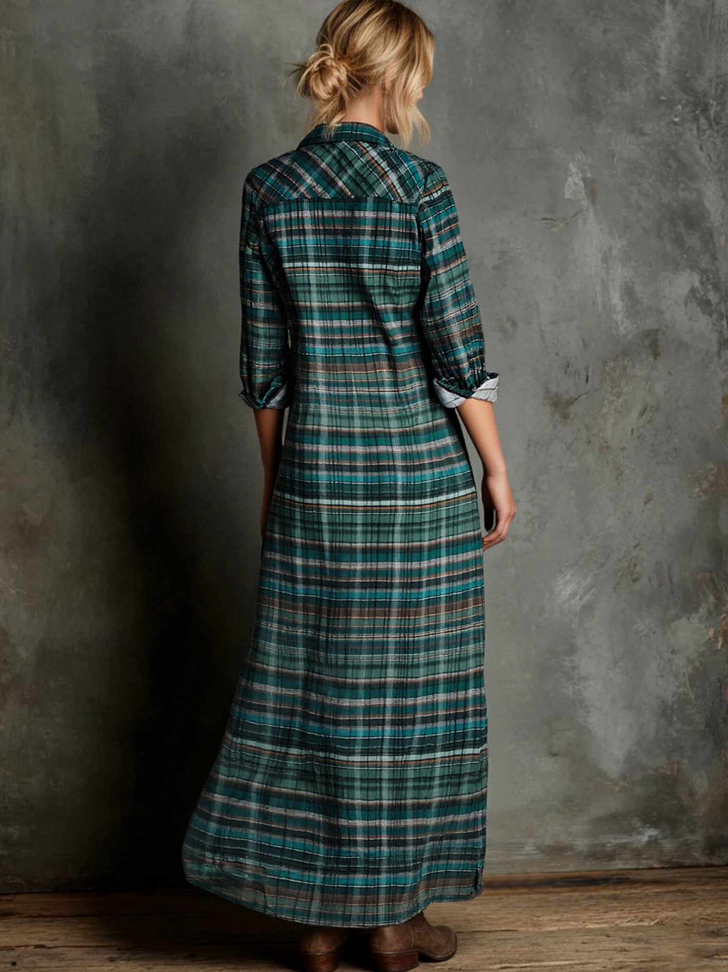 Maxi Dress with Plaid Print for Women with Long Sleeves MDA0514L8Y