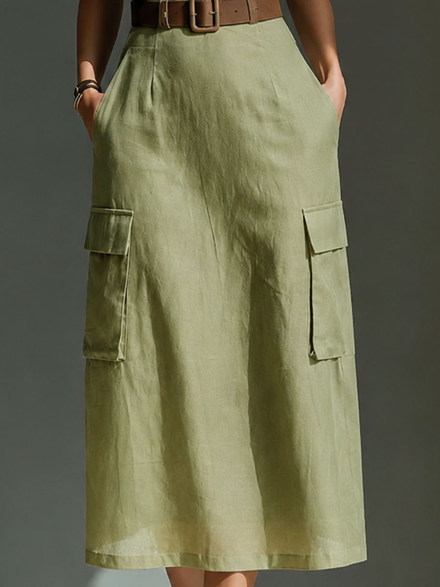 Olive Green Midi Dress for Women Made of Linen Fabric, Sleeveless with Cargo Pockets and Waist with Belt MDZ2753A1T