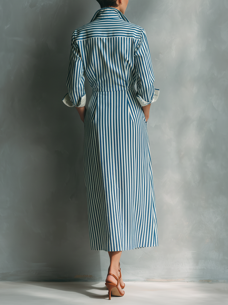Shirt Dresses with Blue and White Stripes for Women with a Red Chest Pocket MDZ1286C2T