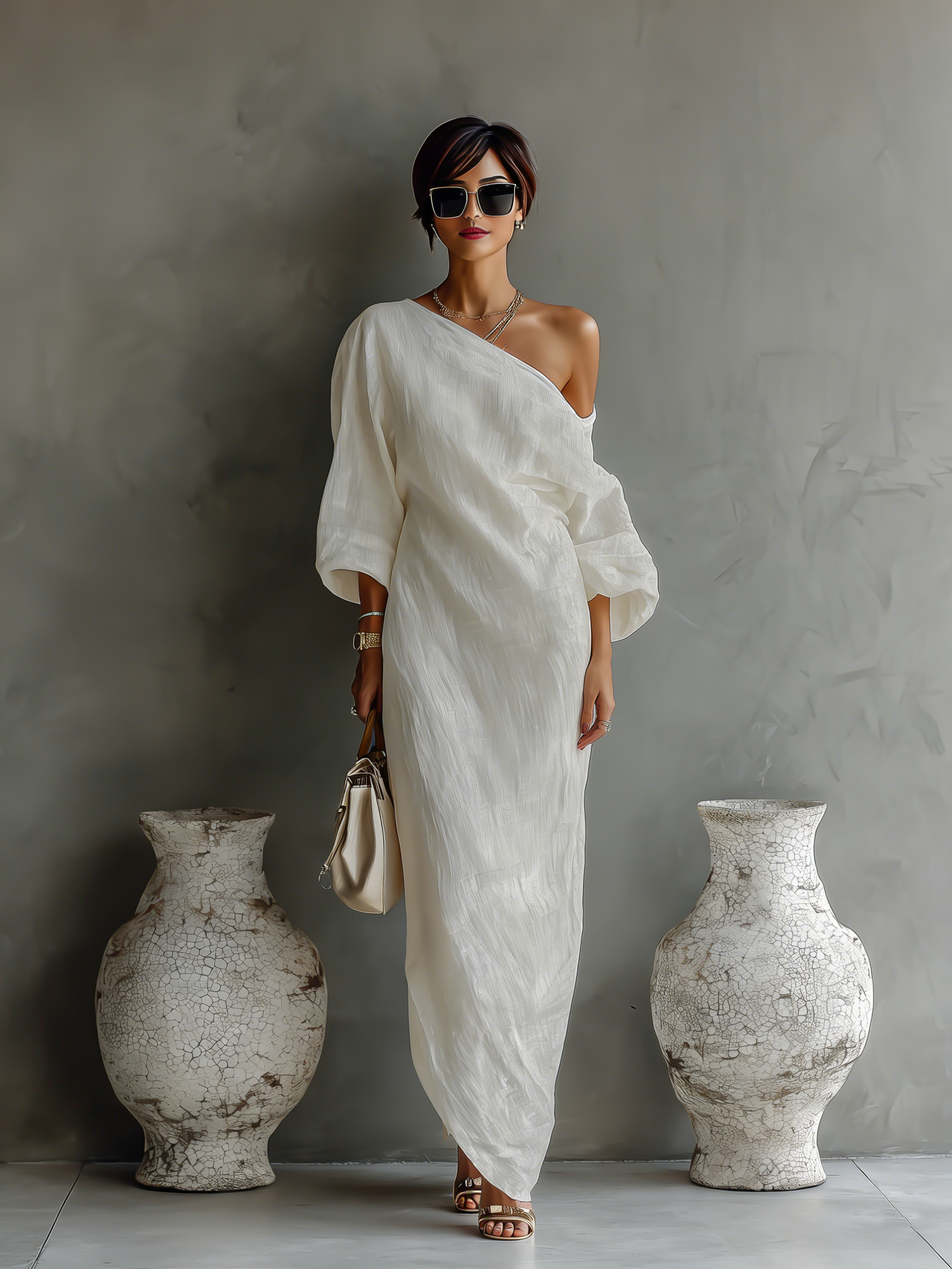 Women's Shimmering White One-Shoulder Cotton-Linen Blend Dresses