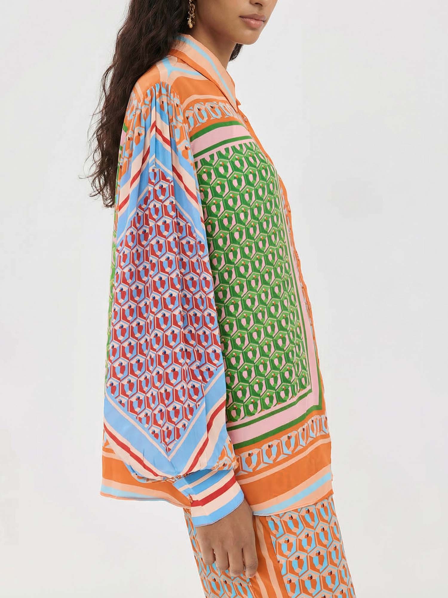Large Printed Button-Up Shirt with Color Details