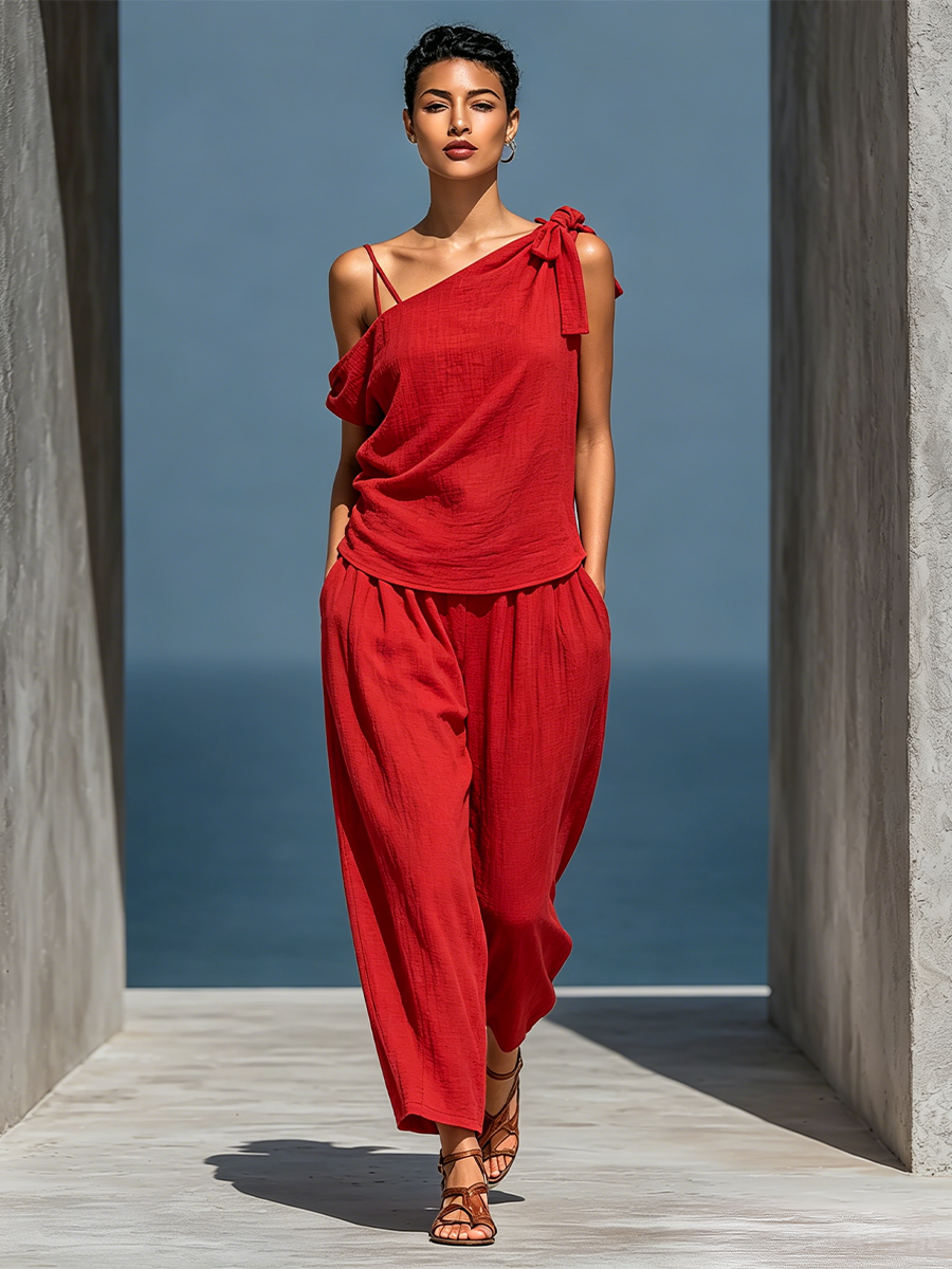Red Women's Two-Piece Linen Blend Set: Asymmetrical Top with One Shoulder (No Neck Scarf) and Wide Pants with Pockets MDZ2201D4T