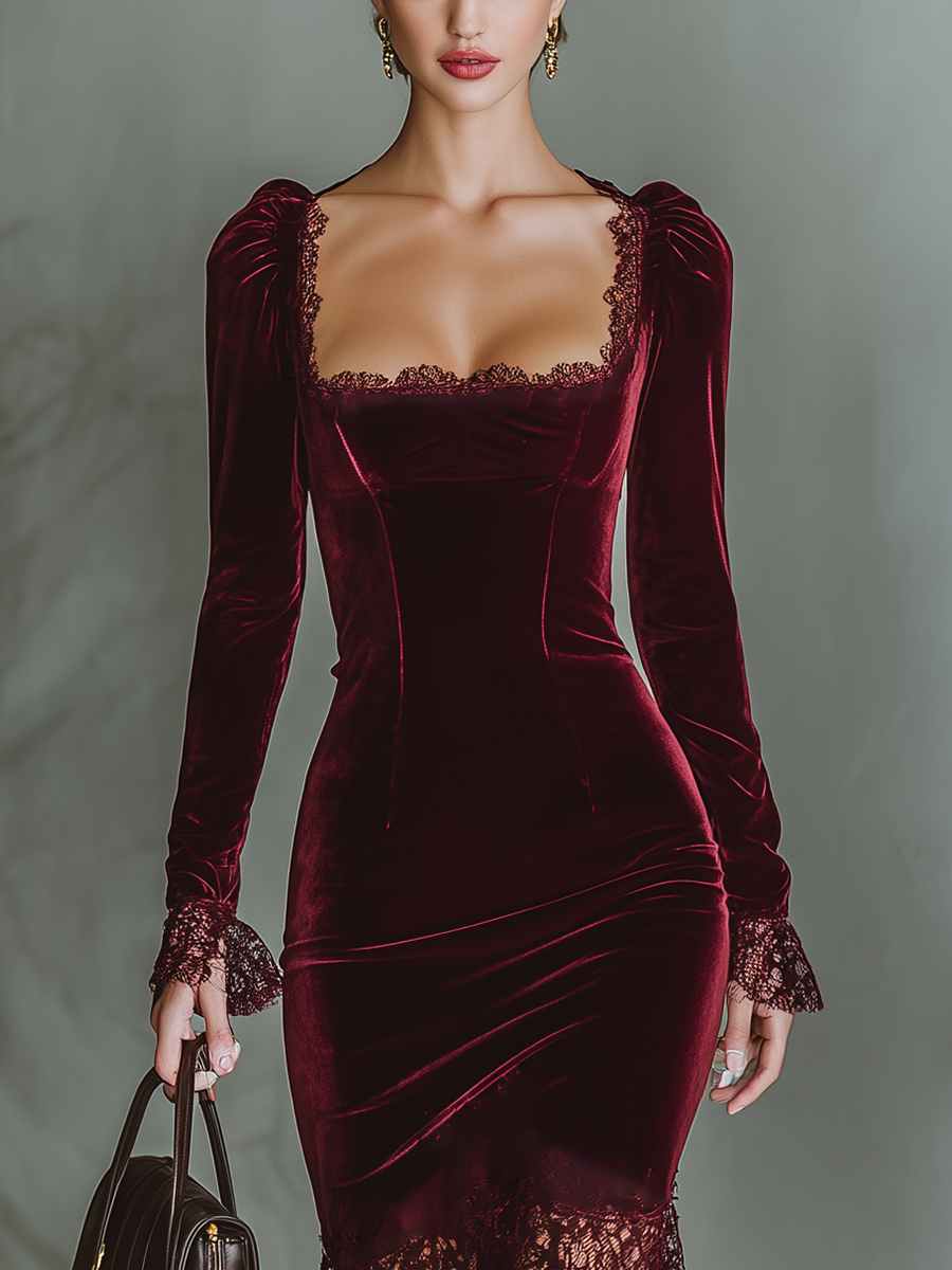 Burgundy Velvet Maxi Dress for Women MDA1190J4T