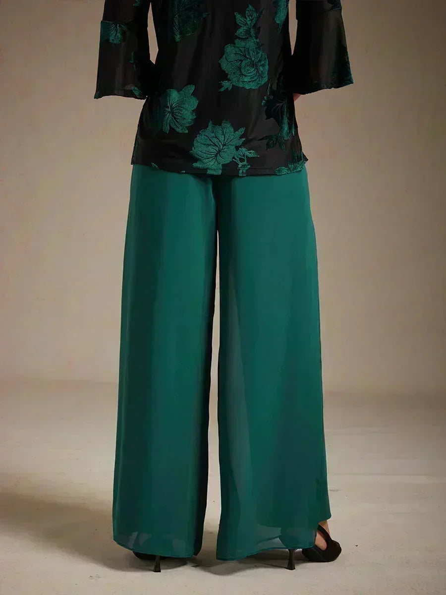 Straight Pants with Flowing Split Chiffon Layer