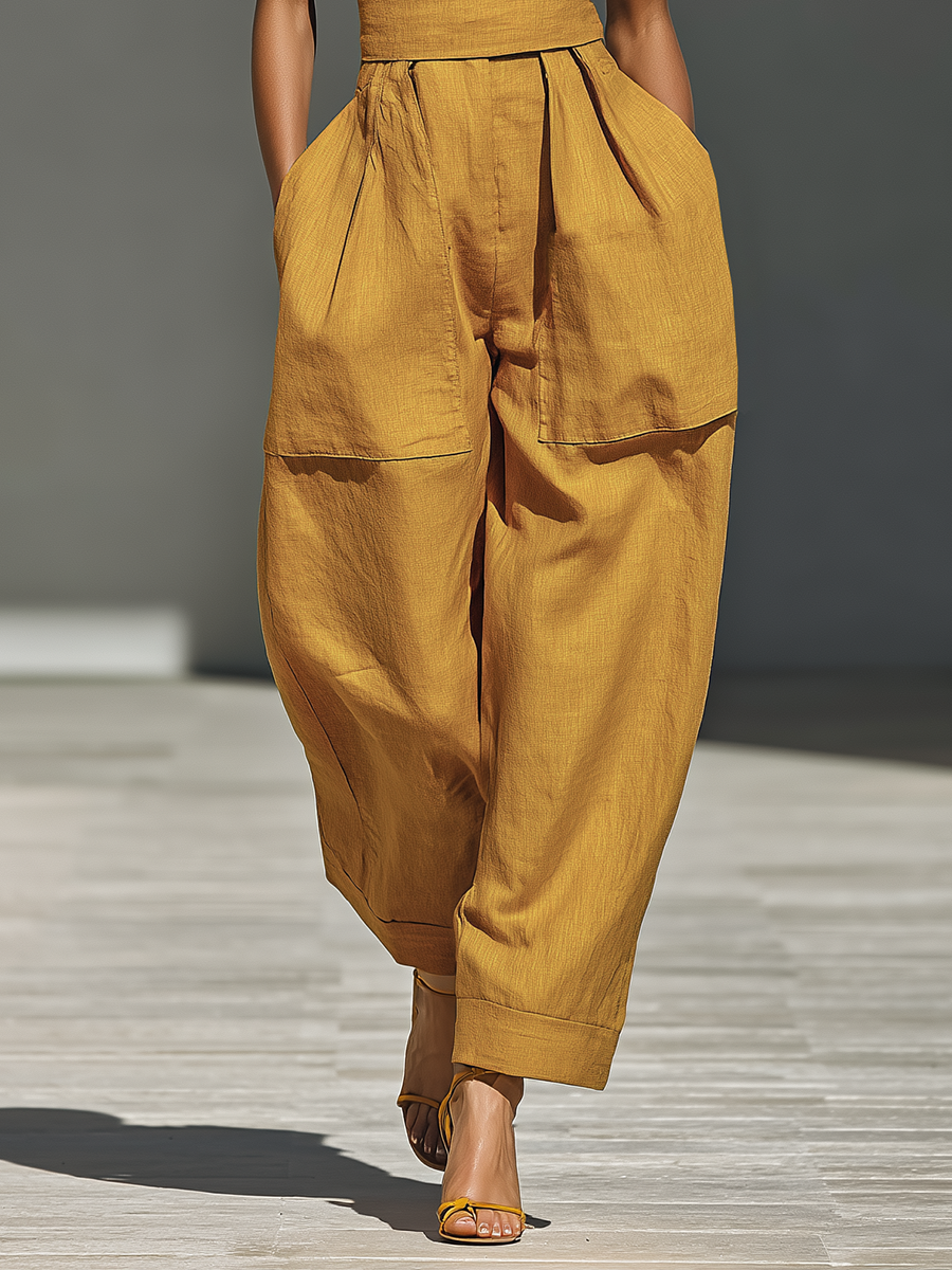 Women's Mustard Suit with Crossed Collar and Loose Pants MDZ2808B6T