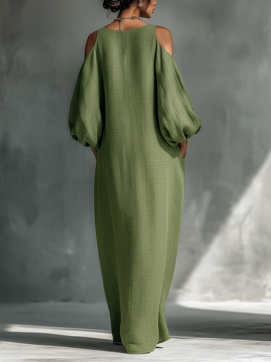 Light Green Maxi Dresses for Women with Off-Shoulder Design, Large Puff Sleeves, and Side Pockets MDZ1004B7T