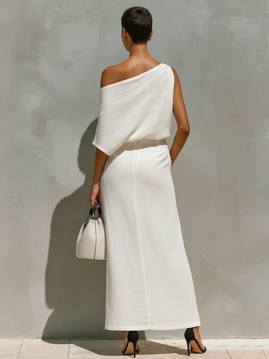 White Linen Set for Women with One Shoulder Detail and Front Slits, Classic Minimalist Vacation Set MDZ2796C6I