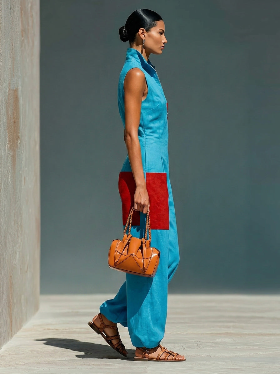 Women's Sleeveless Suit in Blue with Red Pockets and Half-Zip Cardigan MDZ0982E4T