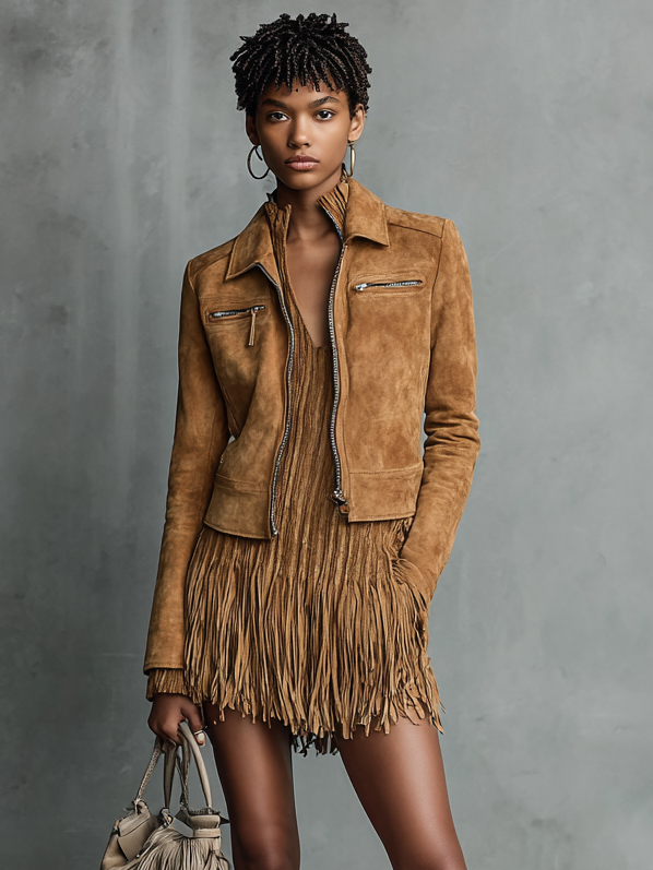 Women's Suede Leather Jacket with Collar and Zipper MDA2545H7Y