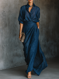 Long Skirt and Elegant Top Set in Dark Blue Cotton and Linen