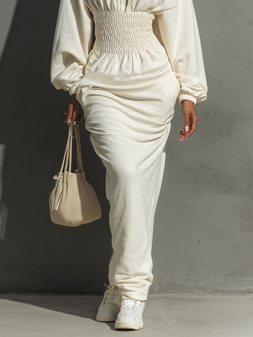 Maxi Dress with Waist Pleats, with Hood, Minimalist Style for Women MDA1965L4Y