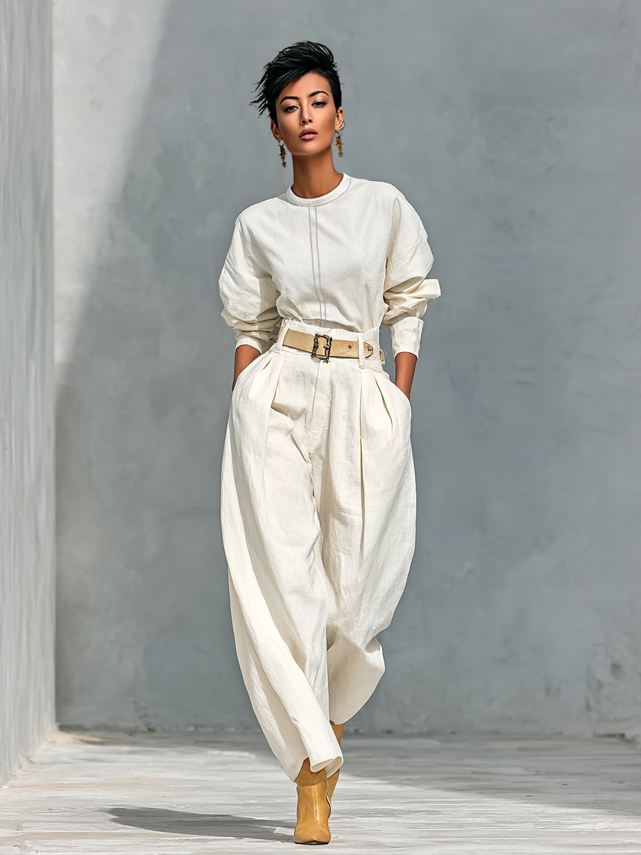 Long Sleeve T-Shirt Set with Round Neck and Wide Pants Made of Cotton and Linen for Women (Belt Not Included) MDA2555G6Y