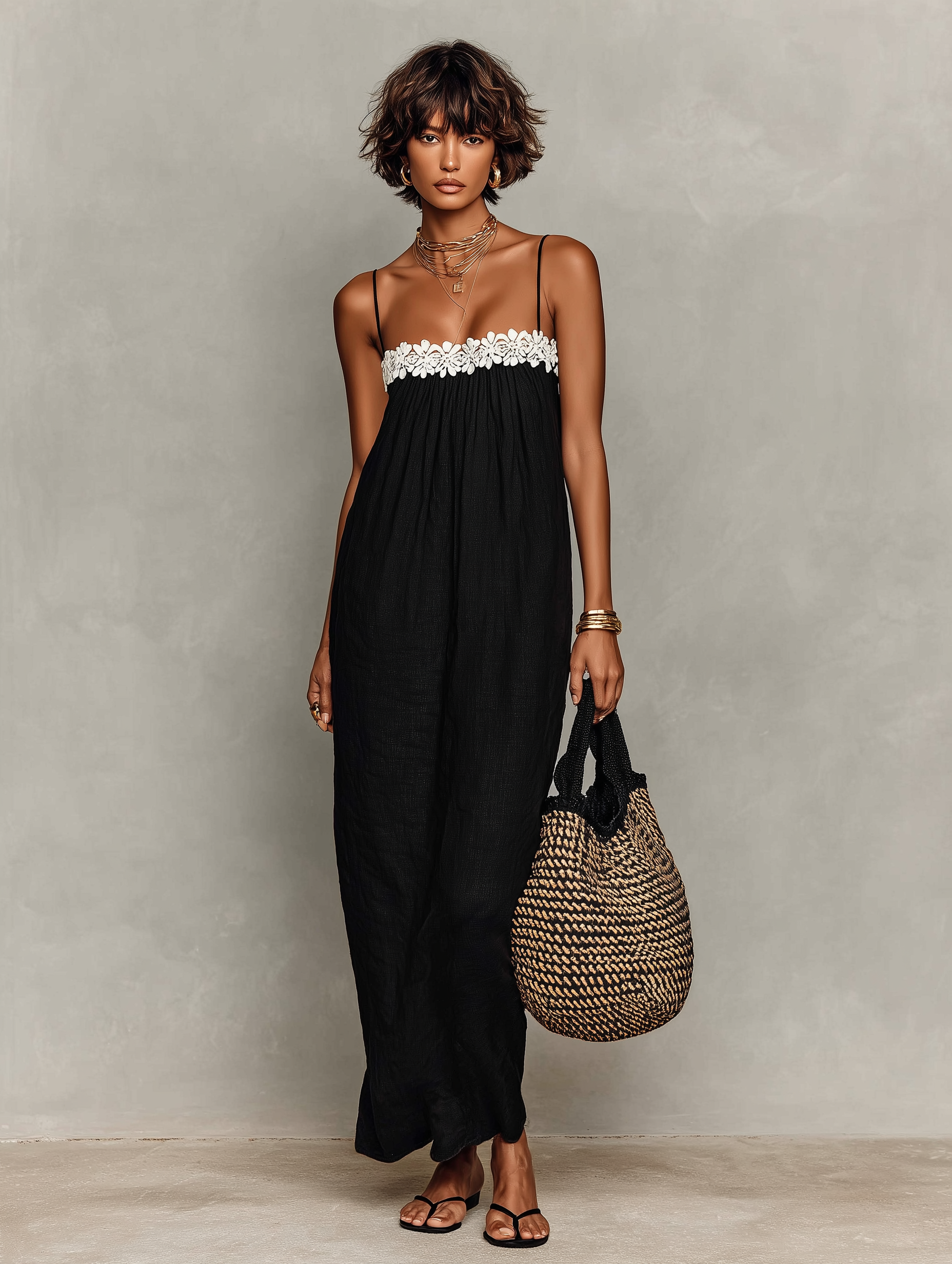Minimalist Women's Maxi Dresses Made of Linen Fabric with Lace Panels, Strapless with Spaghetti Straps MDZ1926C9Y