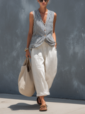 Striped Knit Tank Top for Women with Sleeveless Design Combined with White Cotton-Linen Pants Set MDZ2815B5AN