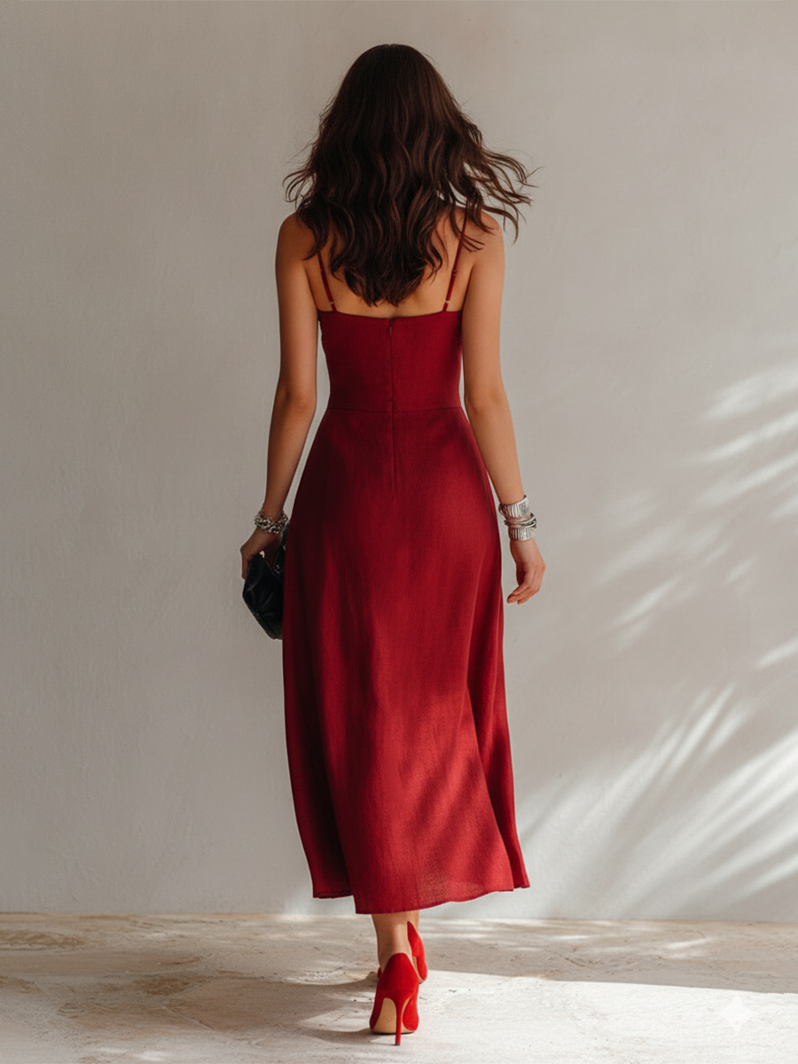 Midi Dress for Women Made of Linen Fabric with Spaghetti Straps