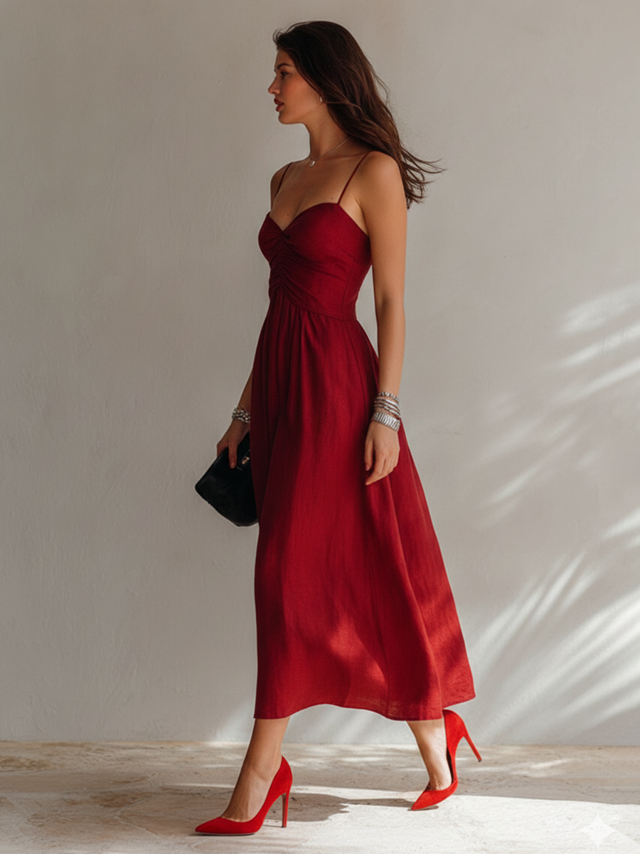 Midi Dress for Women Made of Linen Fabric with Spaghetti Straps