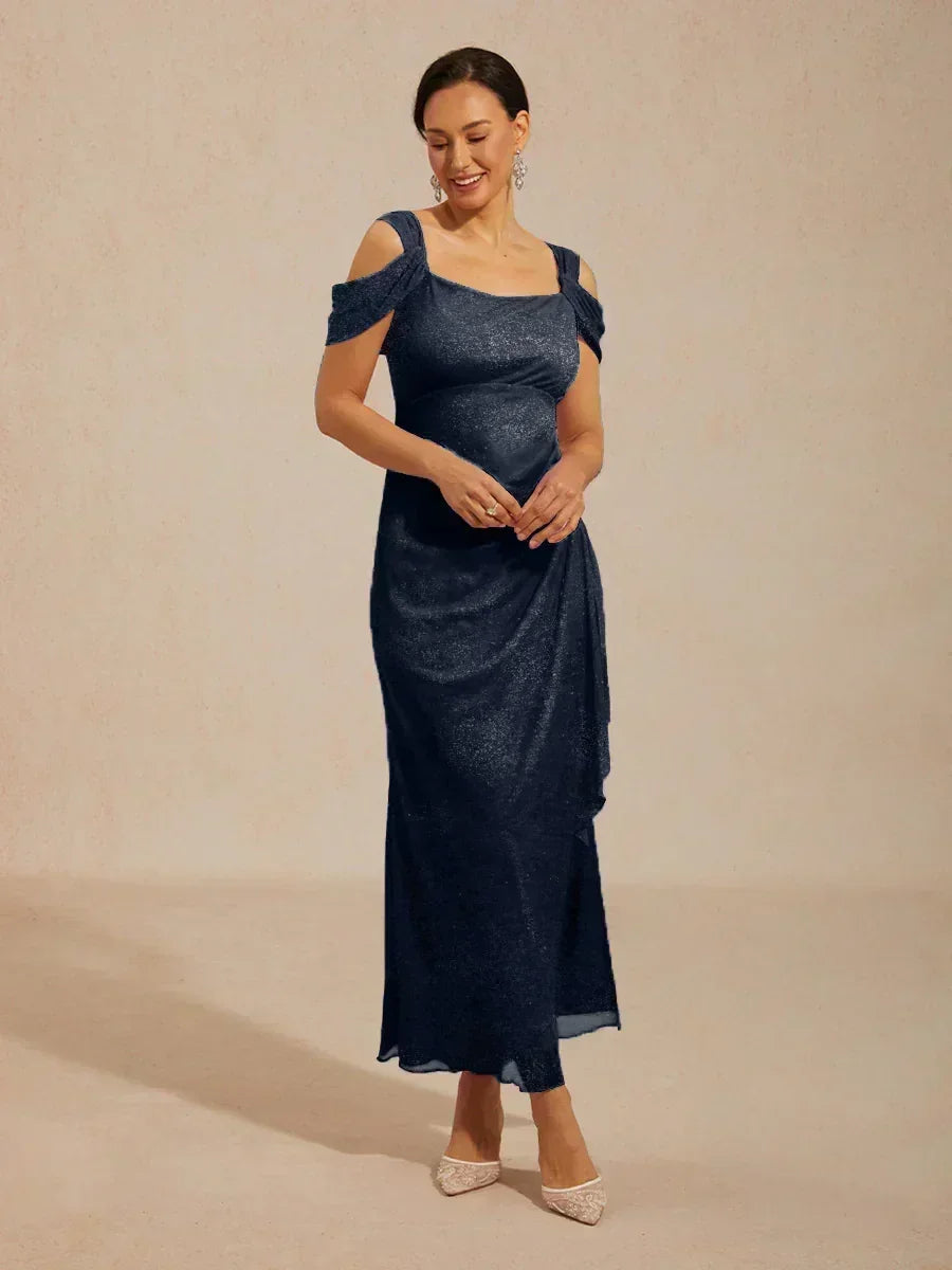 Sparkling Mesh Ankle-Length Dresses with Off-Shoulder Sleeves
