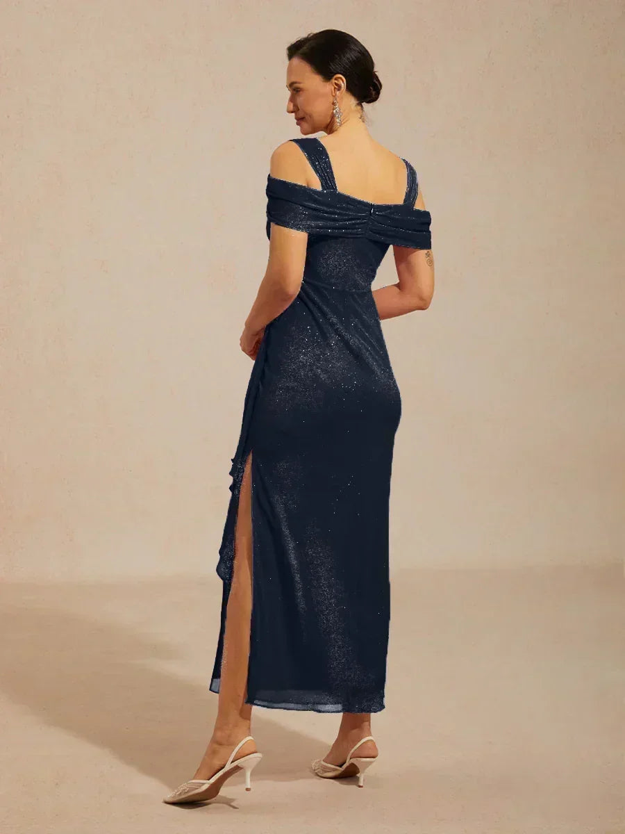 Sparkling Mesh Ankle-Length Dresses with Off-Shoulder Sleeves