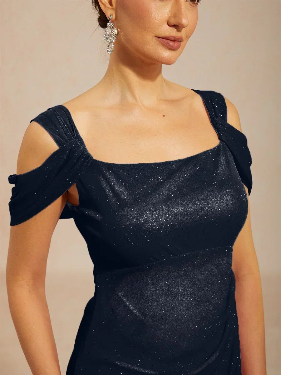 Sparkling Mesh Ankle-Length Dresses with Off-Shoulder Sleeves