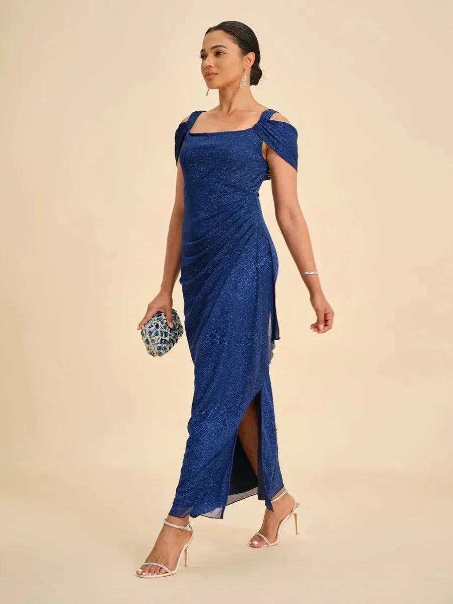 Sparkling Mesh Ankle-Length Dresses with Off-Shoulder Sleeves