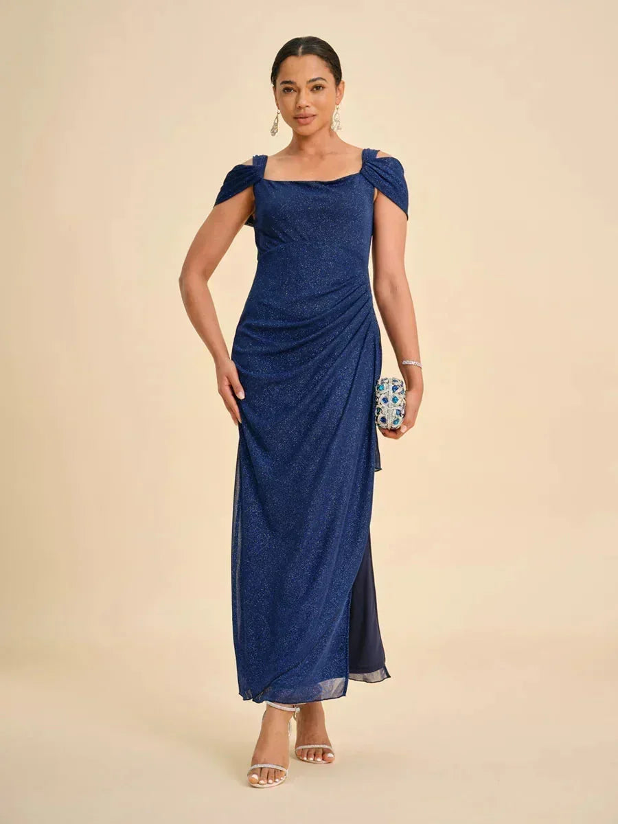 Sparkling Mesh Ankle-Length Dresses with Off-Shoulder Sleeves