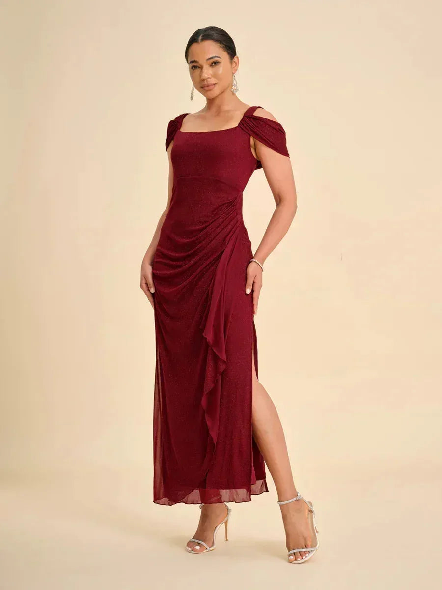 Sparkling Mesh Ankle-Length Dresses with Off-Shoulder Sleeves