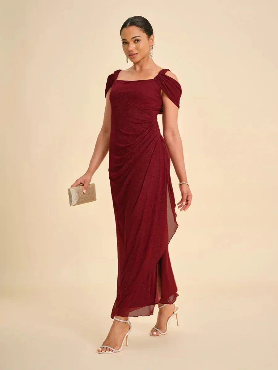 Sparkling Mesh Ankle-Length Dresses with Off-Shoulder Sleeves