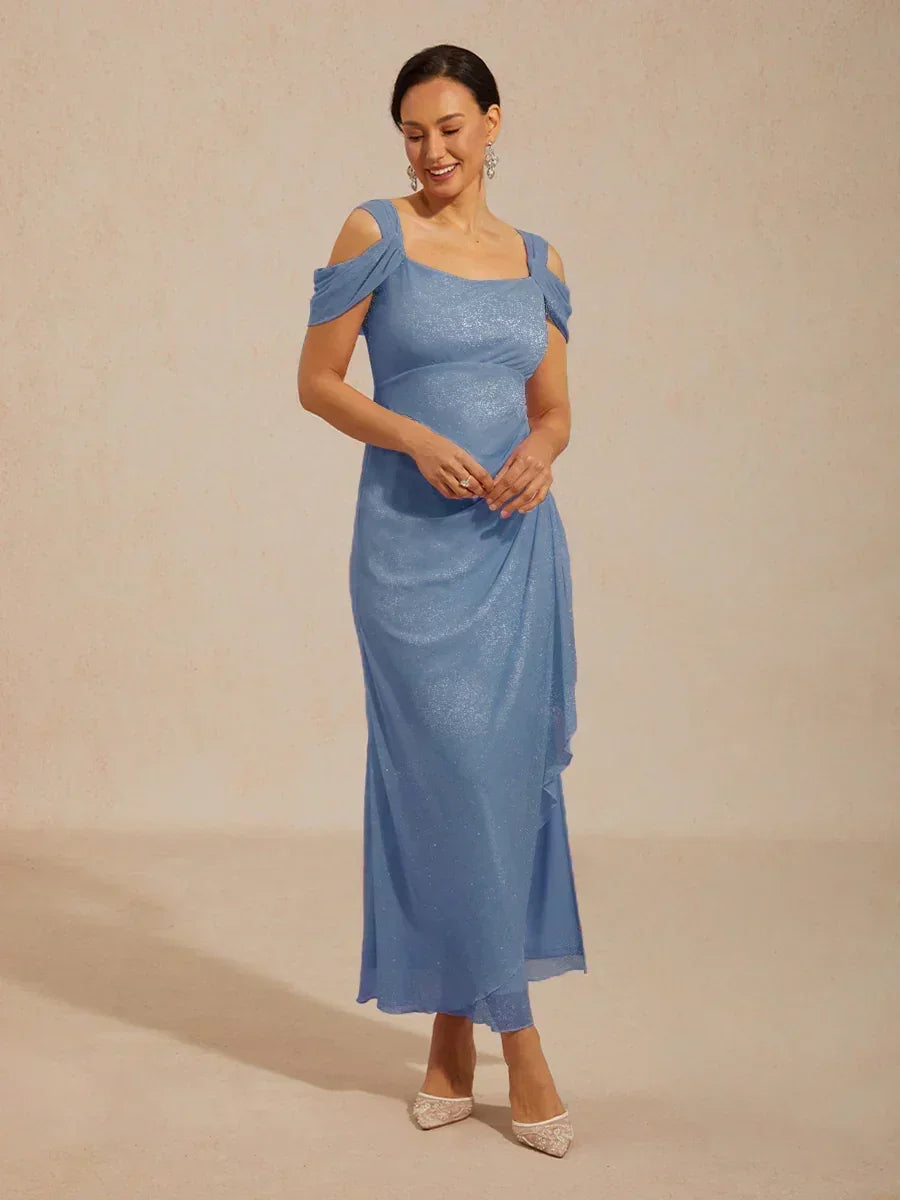 Sparkling Mesh Ankle-Length Dresses with Off-Shoulder Sleeves
