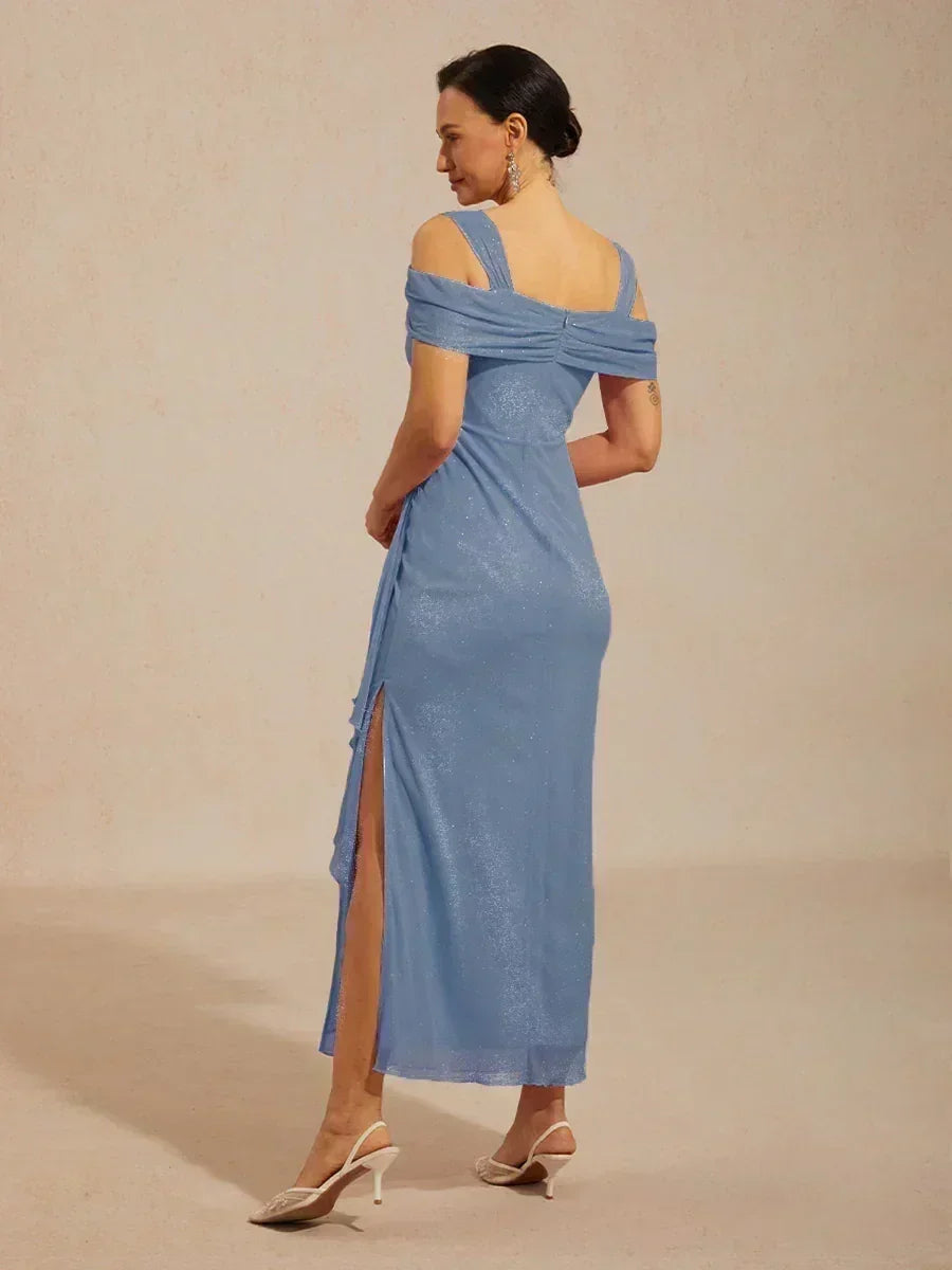Sparkling Mesh Ankle-Length Dresses with Off-Shoulder Sleeves