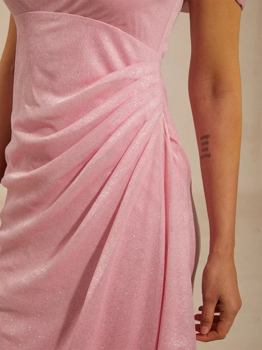 Sparkling Mesh Ankle-Length Dresses with Off-Shoulder Sleeves