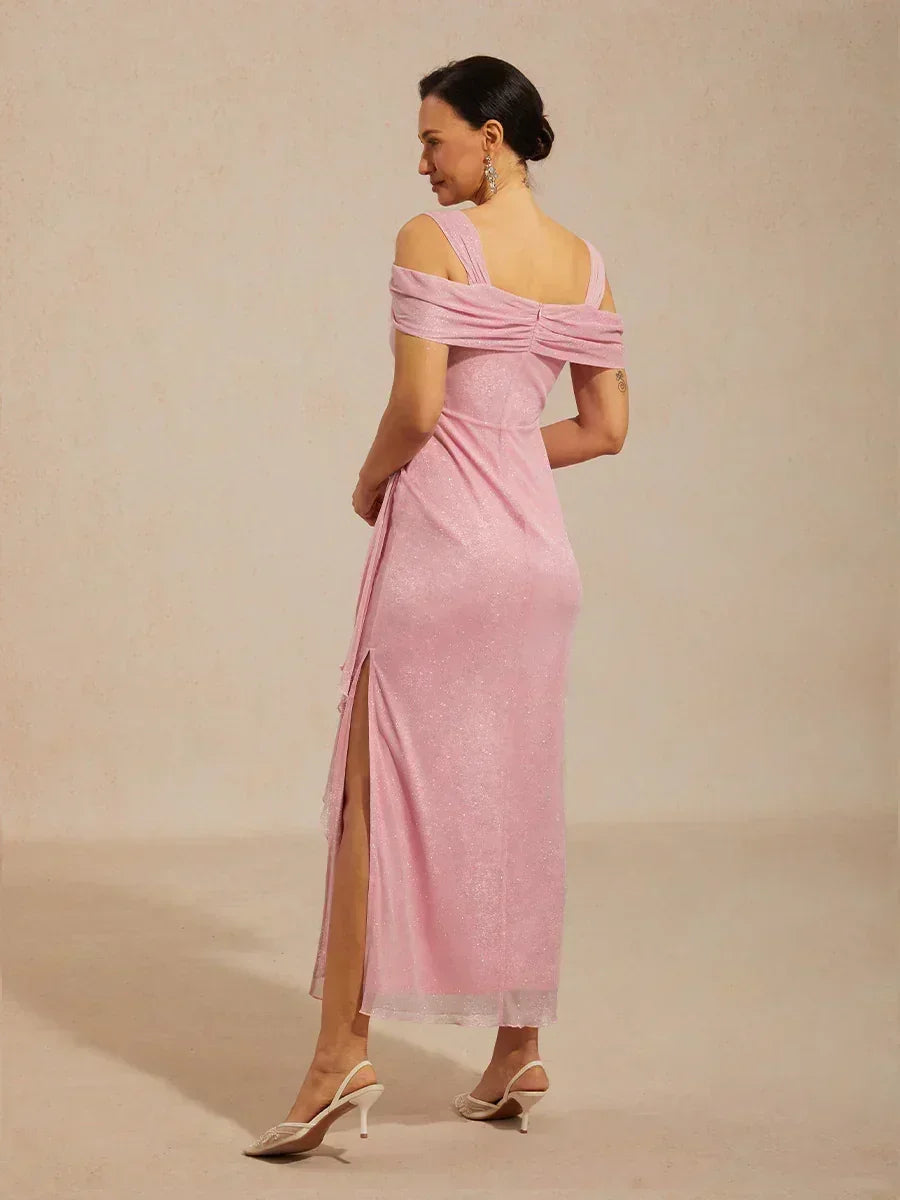 Sparkling Mesh Ankle-Length Dresses with Off-Shoulder Sleeves