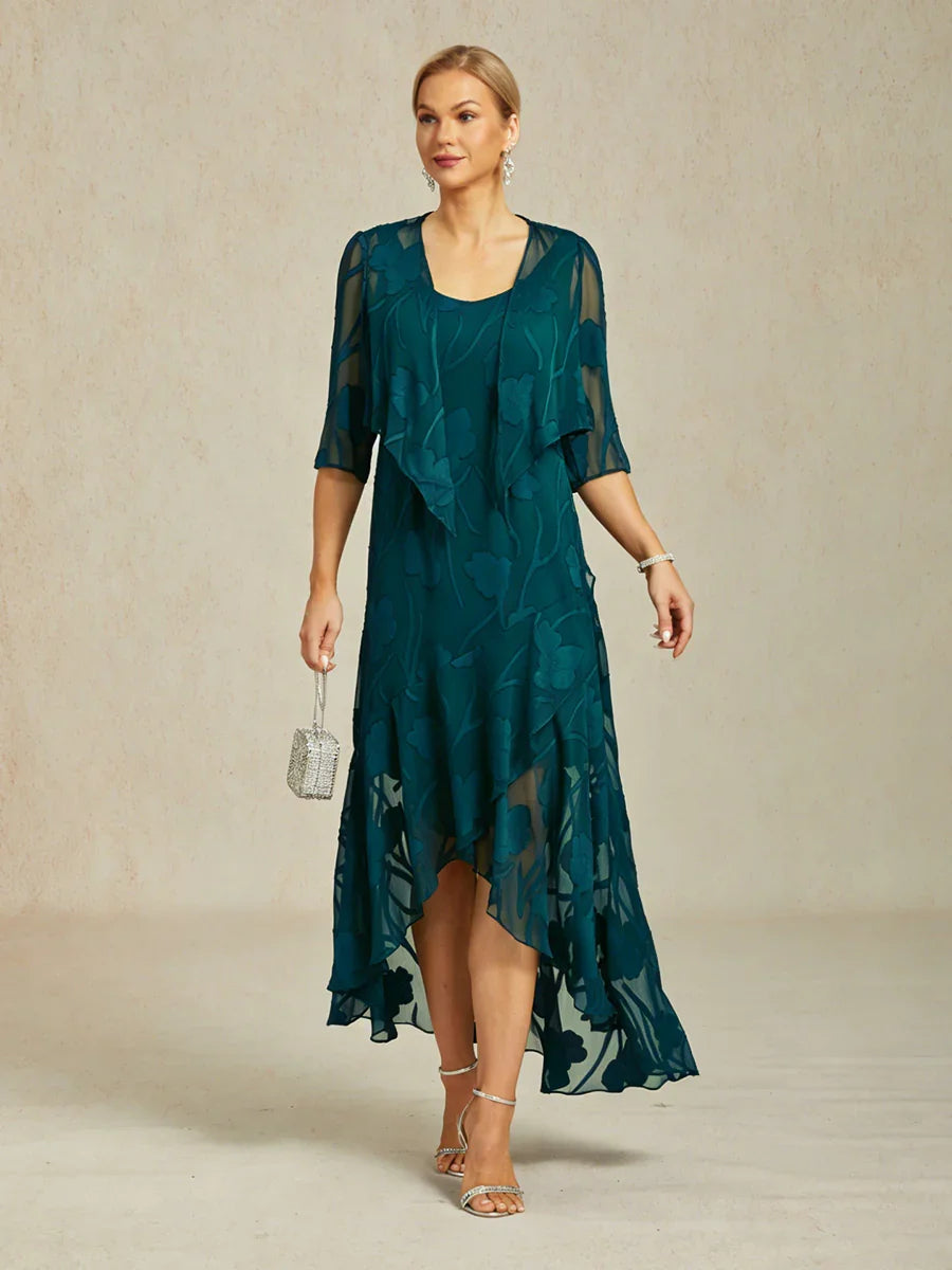 Sleeveless Evening Dresses in Floral Chiffon with Asymmetrical Hem
