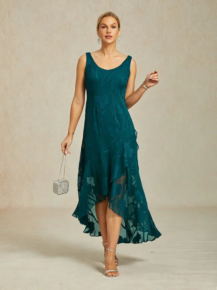 Sleeveless Floral Silk Evening Dresses with Asymmetrical Hem