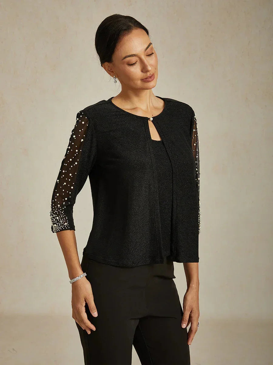 Metallic Textured Shirt with 3/4 Sleeves and Pearls