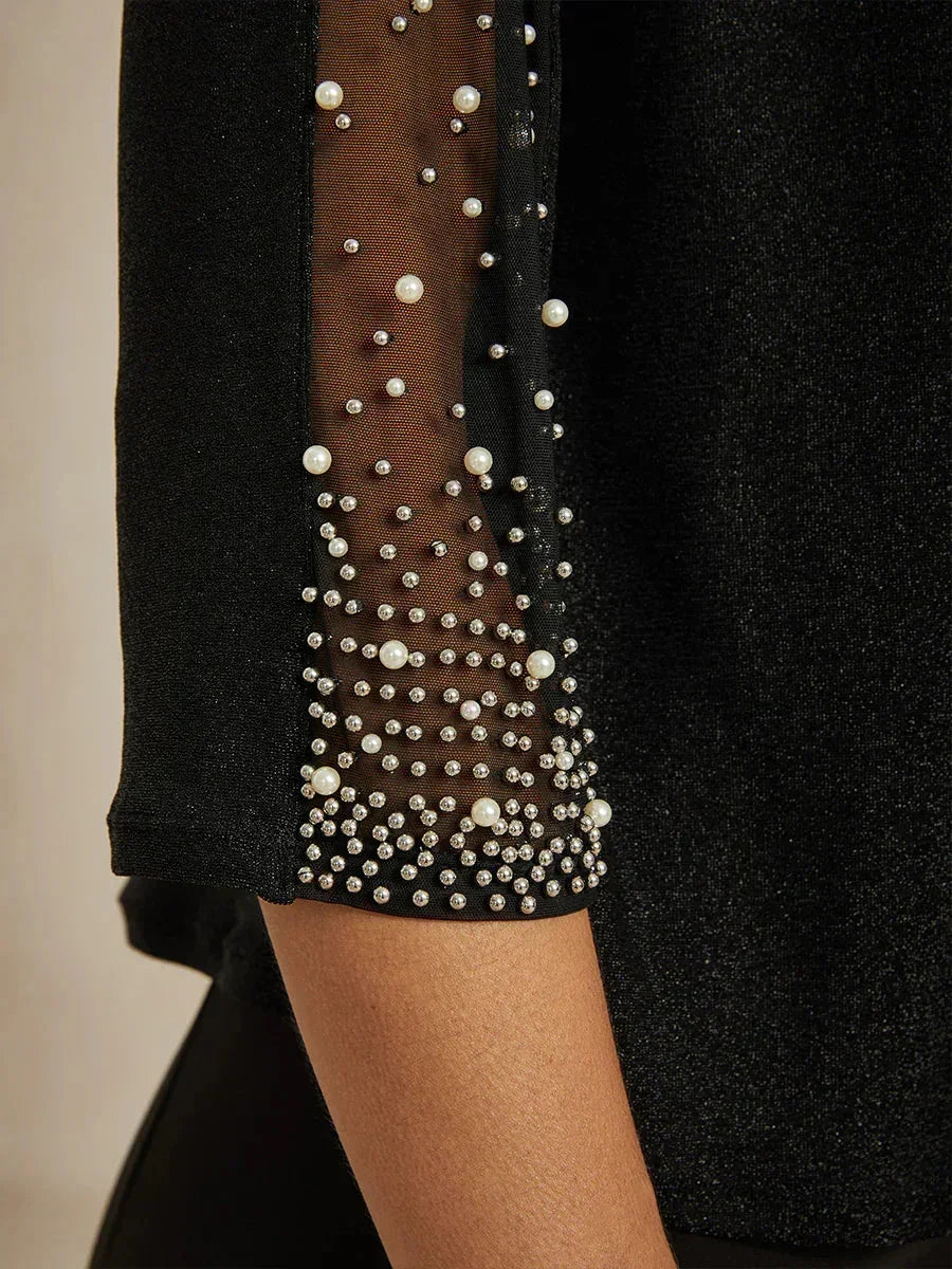 Metallic Textured Shirt with 3/4 Sleeves and Pearls