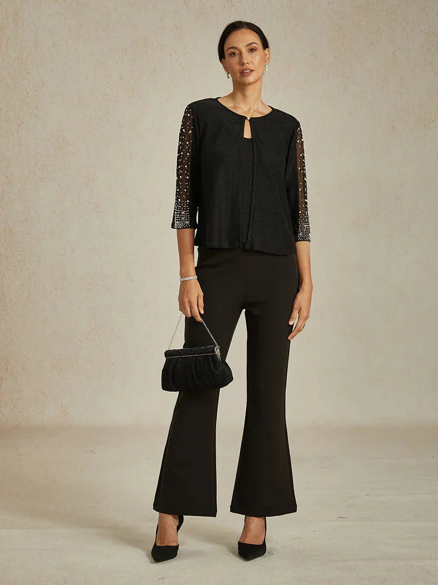 Metallic Textured Shirt with 3/4 Sleeves and Pearls