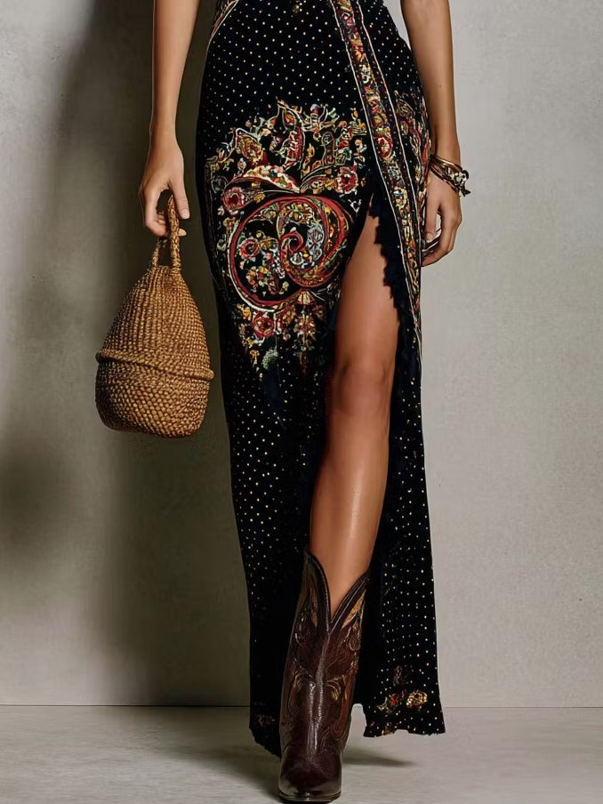 Printed Boho Dresses with Deep V-Neck and High Slits
