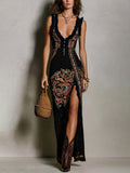 Printed Boho Dresses with Deep V-Neck and High Slits