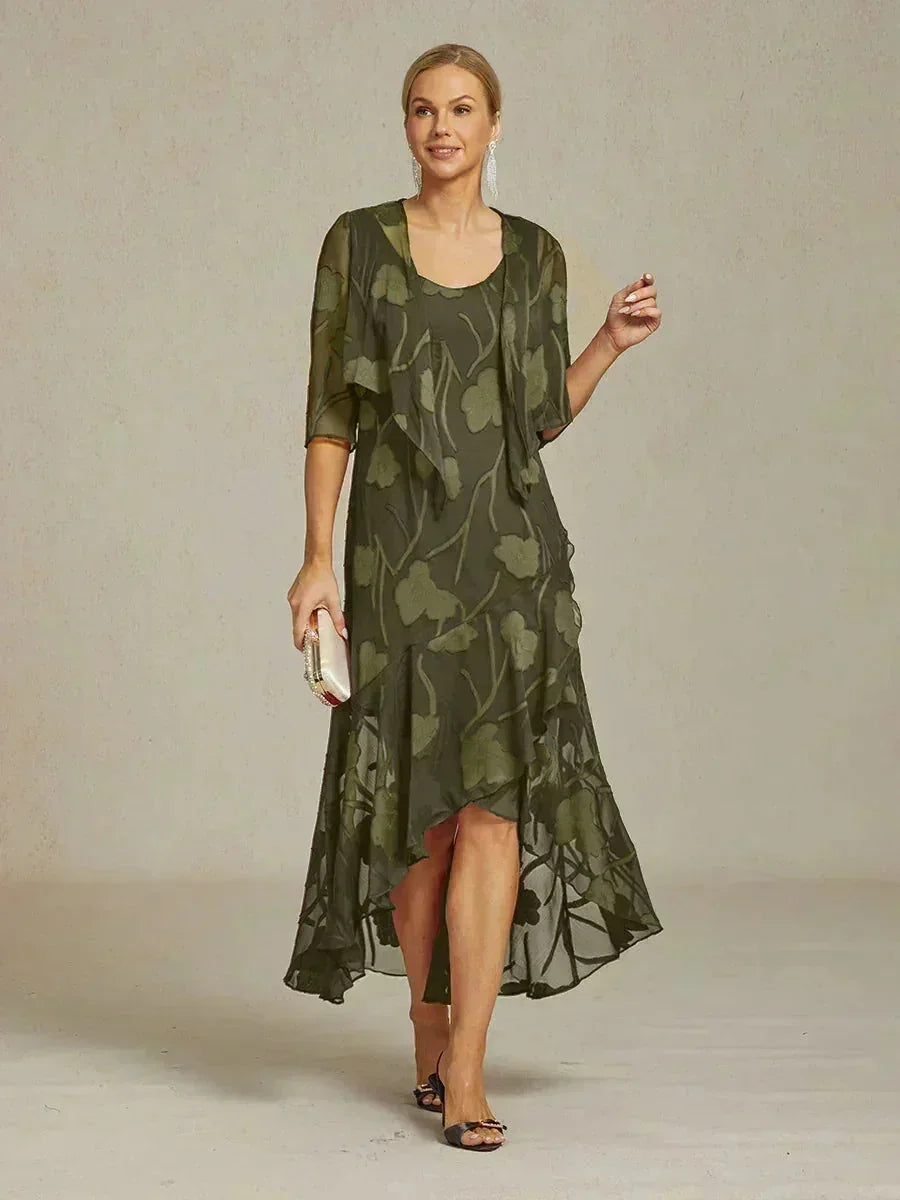 Sleeveless Evening Dresses Made of Floral Chiffon with Asymmetrical Hem