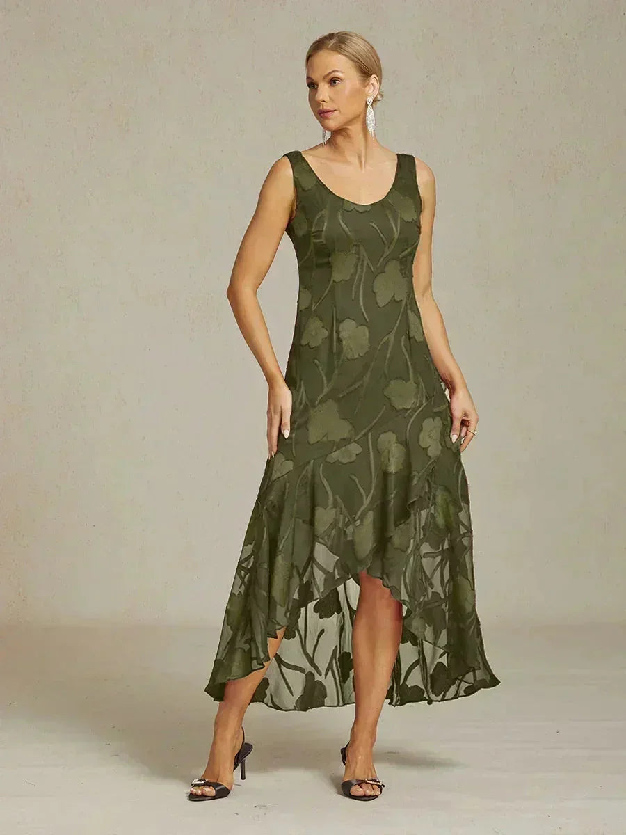 Sleeveless Floral Silk Evening Dresses with Asymmetrical Hem