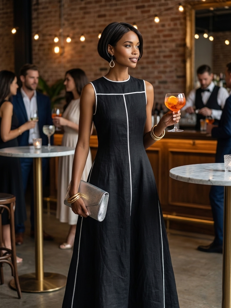 Minimalist Style Maxi Dresses for Women in Linen Fabric with Contrast Finish, Round Neckline and Sleeveless Design MDZ1516E0Y