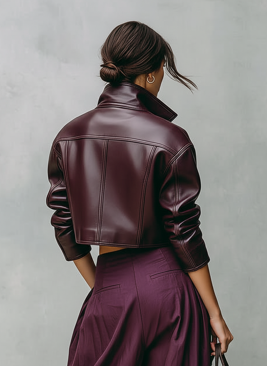 Short Women's Jacket in Loose PU Leather with Double Chest Pockets MDA1666I2Y