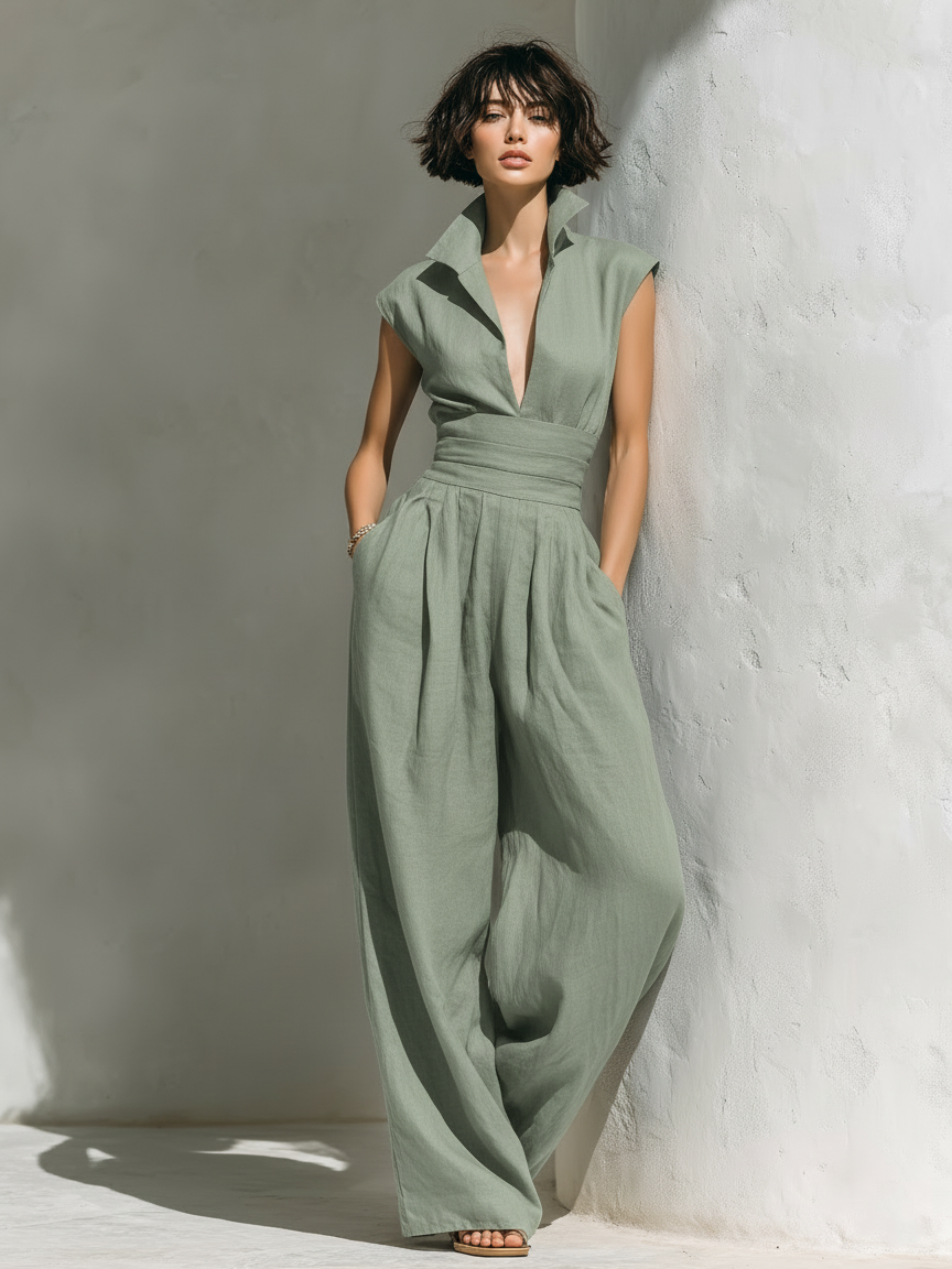 Minimalist Linen Jumpsuit for Women with Short Sleeves and Wide Legs MDZ0863A5Y