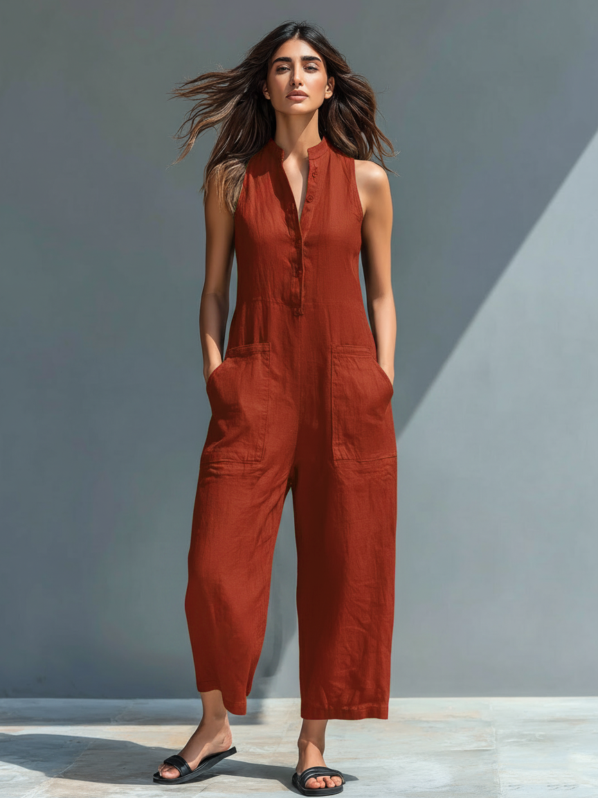 Minimalist Women's Linen Blend Jumpsuit with Buttons, Stand Collar, Sleeveless, Loose Fit MDZ2725A5Y