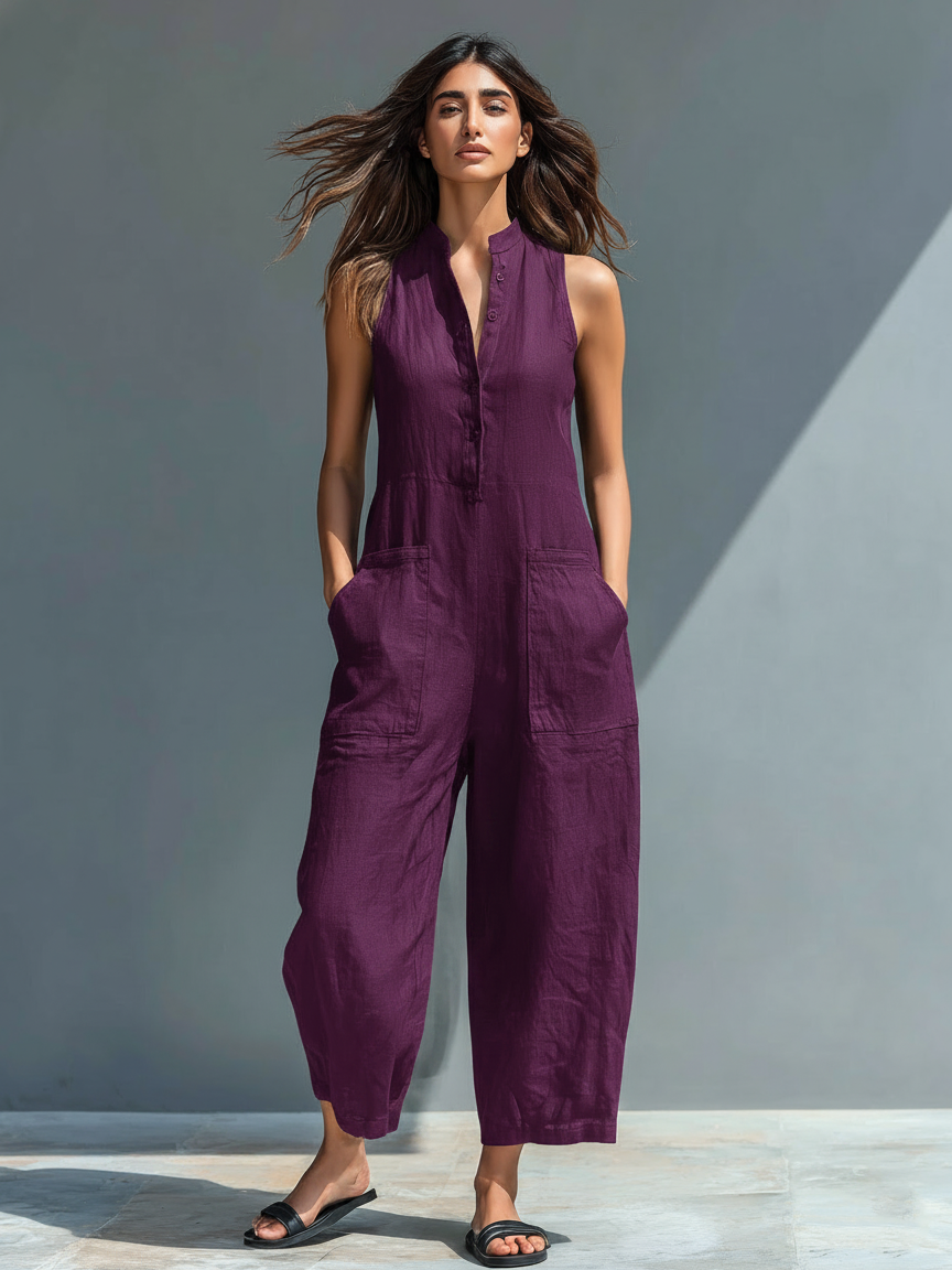 Minimalist Women's Linen Blend Jumpsuit with Buttons, Stand Collar, Sleeveless, Loose Fit MDZ2725A5Y