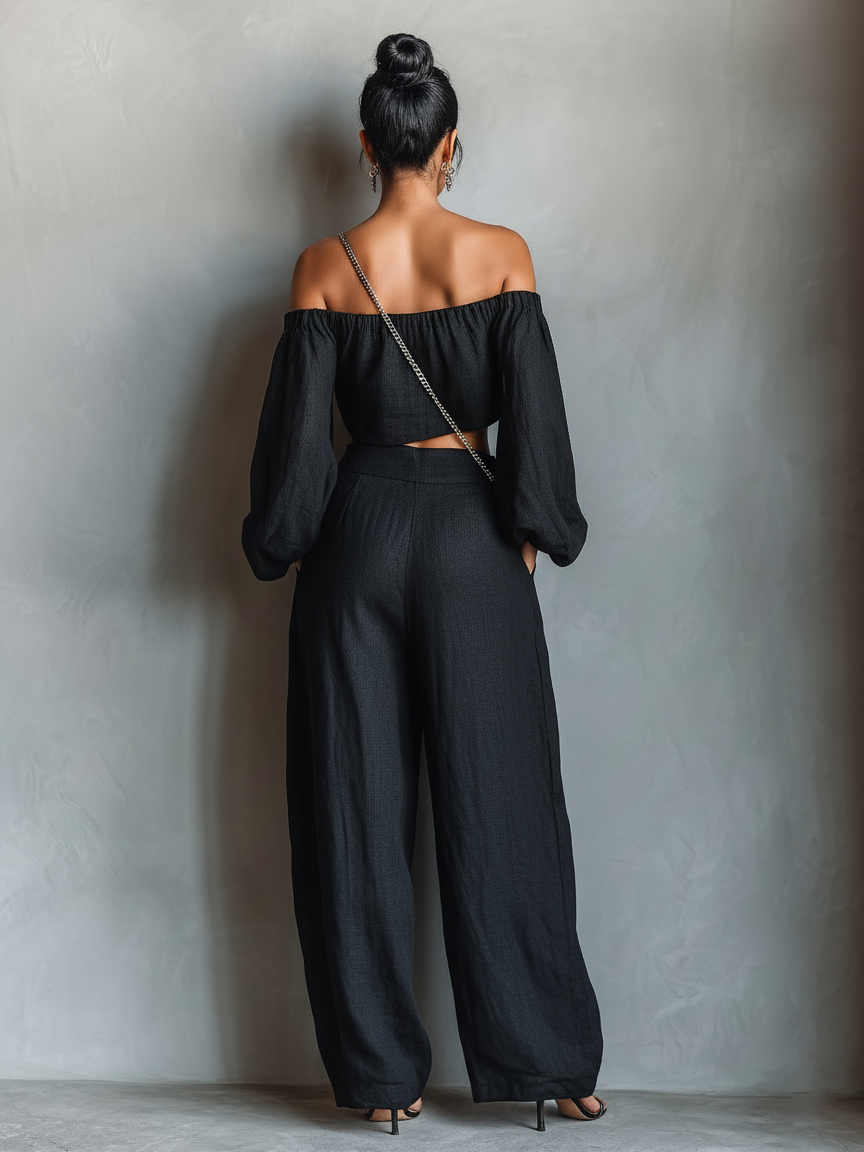 Women's Minimalist Linen-Colored Bodysuit Without Sleeves with Wide Pants MDA1900L7Y