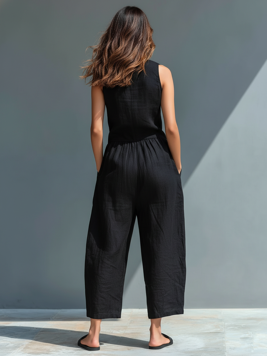 Minimalist Women's Linen Blend Jumpsuit with Buttons, Stand Collar, Sleeveless, Loose Fit MDZ2725A5Y