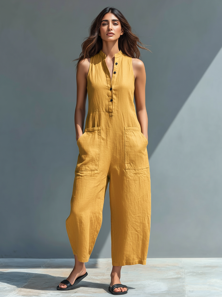 Minimalist Women's Linen Blend Jumpsuit with Buttons, Stand Collar, Sleeveless, Loose Fit MDZ2725A5Y